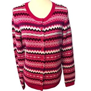 Talbots pink fair isle pattern button down cardigan sweater lambs wool blend